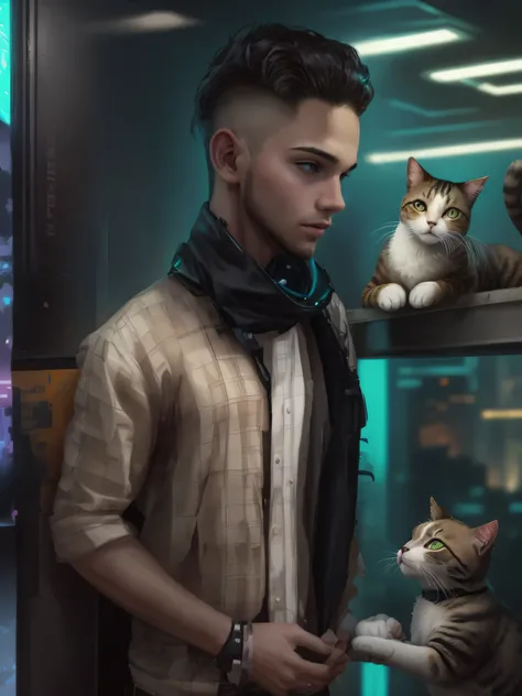 Cyberpunk hadsome boy with realistic with cat