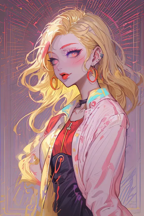 Upper body standing painting, yellow style, (1 ), (alone), (cent, small), long blonde hair, looking at the viewer, Blue eyes background, white background, gem, Jacket, golden hair、straight hair, ear nipple rings, red eyes, choker necklace, sweater, eyelash...