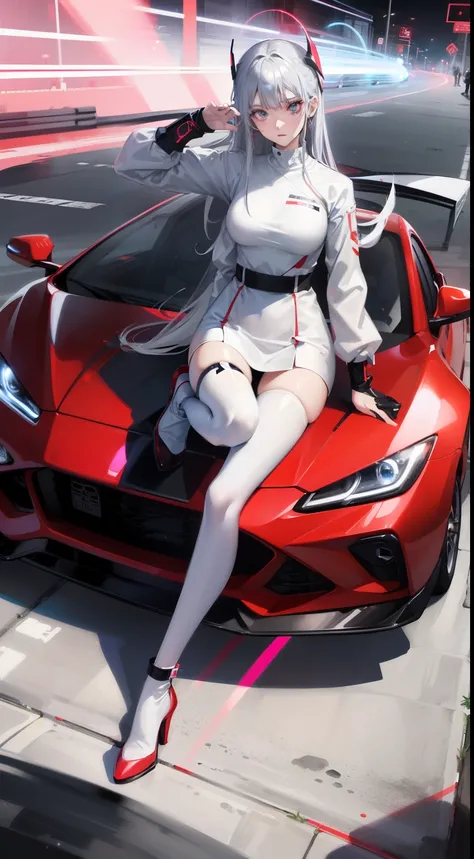 Full body Esbian,  anime girl, silver hair, blue eye, detailed face、Black and white and red techwear clothes, pink、white、Red Accessories、Racing cars of the near future、correct car､Neon and laser beam stadium、Red Long High Heels､glowing effect