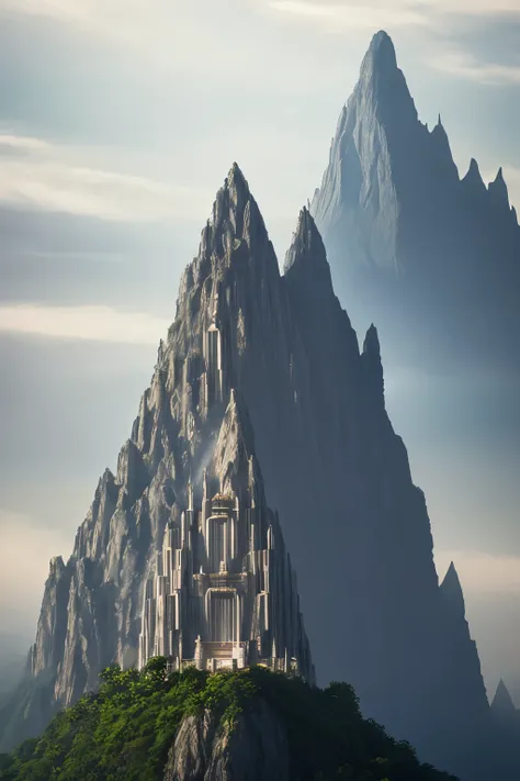 A mountain defying gravity, adorned with temples at its summit, shrouded in a smoky veil - evoking a sense of ethereality, as if transported to a fairyland. Version 6, aspect ratio 3:4, stylization level 750, image quality 2, chaos factor 0, width 1, effic...