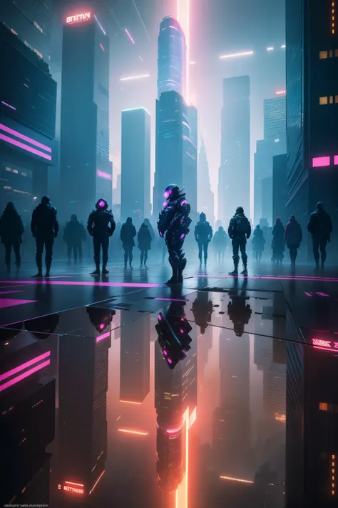 In the gritty heart of this cyber punk metropolis, the cityscape is bathed in neon lights, reflecting off the sleek, rain-slicked surfaces of buildings. People clad in high-tech gear and oversized sunglasses gaze upwards, their curious expressions mirrorin...