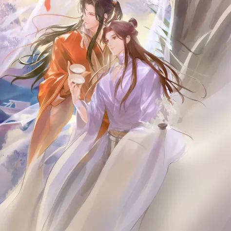 anime couple in kimono holding cups of coffee, flowing hair and long robes, yiqiang and shurakrgt, Two handsome anime, flowing white robes, inspired by Guan Daosheng, Heise Jinyao, by Chen Lin, Ian J., Wear flowing clothes, by Zhou Fang, barge and sakimich...