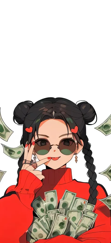 Anime girl with pigtails holding money and looking at camera, charming art style, anime style, guweiz, high quality portraits, High quality anime art style, High-quality fan art, cartoonish charming, anime style, anime visual of a charming girl, Gurwitz st...