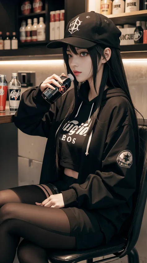 anime girl with black hair and a baseball cap sitting on a chair drink ice with a bottle, anime girl drinks energy drink, 1 7 - year - old anime goth girl, artwork in the style of guweiz, cyberpunk anime girl in hoodie, girls frontline style, black haired ...