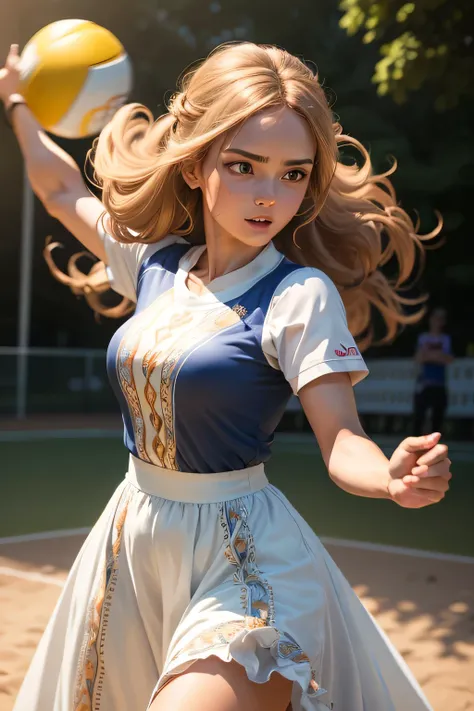 a sporty cartoon, European princess with brown hair wearing long dress, Play badminton，The action is meticulous，Skin color brown. (best quality, Super detailed, actual:1.37), bright colors, portrait, soft light