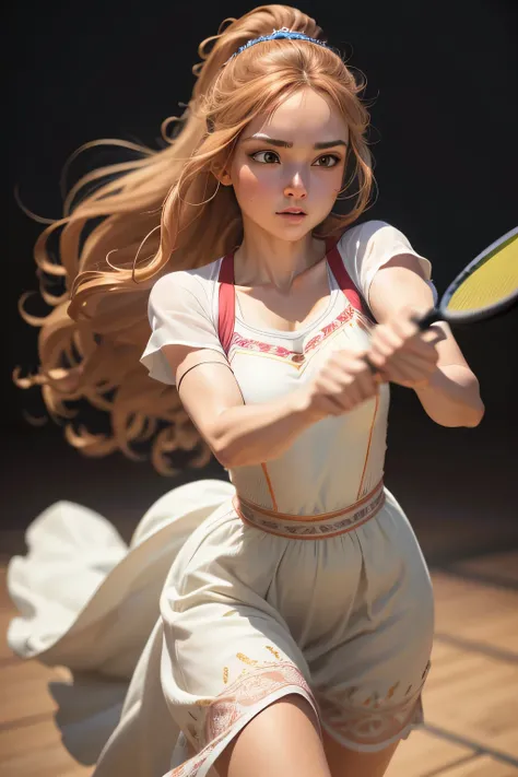 a sporty cartoon, European princess with brown hair wearing long dress, Play badminton，The action is meticulous，Skin color brown. (best quality, Super detailed, actual:1.37), bright colors, portrait, soft light