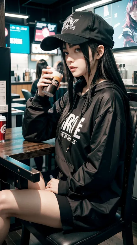 anime girl with black hair and a baseball cap sitting on a chair drink ice with a cup, anime girl drinks energy drink, 1 7 - year - old anime goth girl, artwork in the style of guweiz, cyberpunk anime girl in hoodie, girls frontline style, black haired gir...