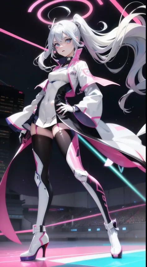 Full body Esbian,  anime girl, silver hair, blue eye, detailed face、白とpinkのテックウェア服, pink、white、Blue Accessories、Futuristic racing bike、correct motorcycle､Neon and laser beam stadium、Red Long High Heels､glowing effect