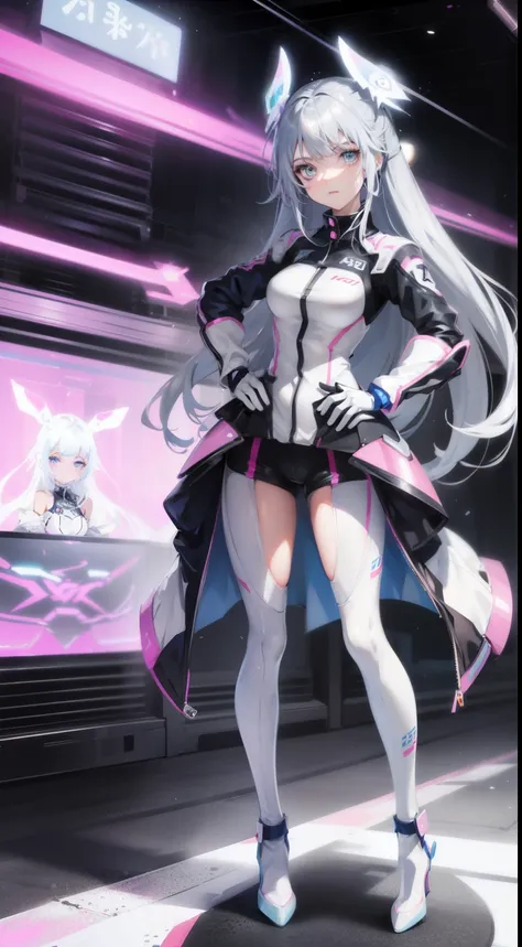 full body esbian,  anime girl, silver hair, blue eye, detailed face、白とpinkのテックウェア服, pink、white、blue accessories、(((futuristic ra...