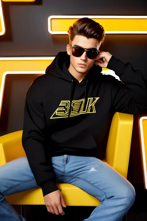 Design an eye-catching 3D illusion for a profile picture showcasing a fashionable 24-year-old. The young man is comfortably seated on a sleek Wingback chair, exuding a casual yet stylish vibe. He sports a trendy black hoodie, which serves as the focal poin...