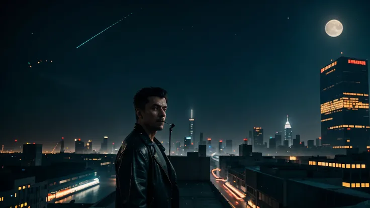 Cyberpunk city, man near camera smoking a cigarette, small flying cars in a distance, night scene, glowing lights from buildings, background distant skyscrapers, detailed moon in the sky, anamorphic lens flares