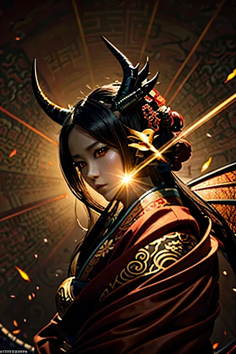 (Masterpiece:0.9), best quality, (illustration, official art:1.1), hyper detail, dragon girl, solo, dynamic angle, Dragon ear, She is a beautiful-haired humanoid girl with draconic traits such as mechanical horns, She is given reptile-like slit pupils, kim...