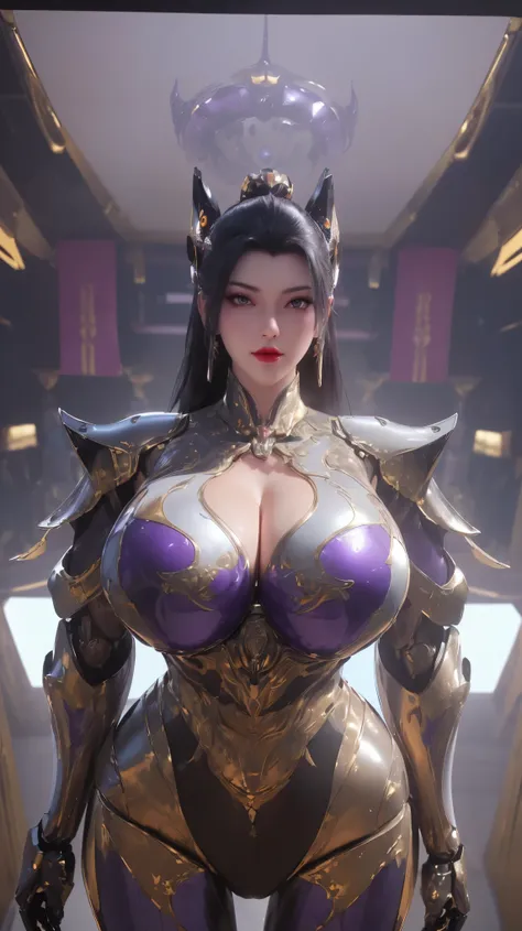 UPPER BODY,CLOSE UP HALF BODY,SOLO,(BEAUTY BLACK HAIR,GOLDEN DRAGON HORN:1.3), (HUGE OPPAI,BUSTY MILF,CLEAVAGE,MUSCLE ABS:1.5), ((WEARING OUTFIT PURPLE WHITE SHINY MODERN MECHA FUTURISTIC SKIMPY BIKINI ARMORED,ROBOT MECHA ARMORED:1.5)),(CURVY VOLUPTUOUS BO...