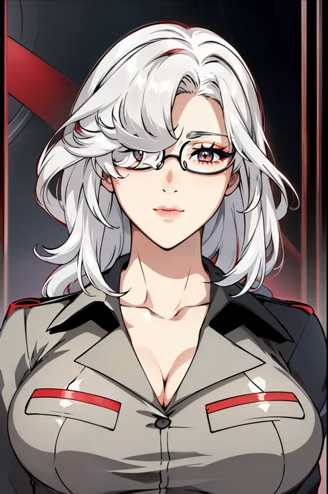 ((hair over one eye)) cleavage, collarbone, glasses, ((White hair)), (Red fading hair below part), white eyes,lipstick, Bangs,long hair,
1 girl, 20yo,Young female, Beautiful Nose,Beautiful character design, perfect eyes, perfect face,expressive eyes,perfec...