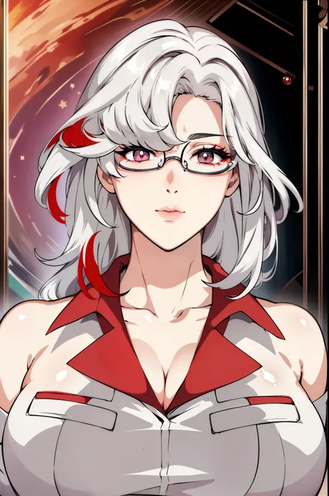 ((hair over one eye)) cleavage, collarbone, glasses, ((white hair)), (red fading hair below part), white eyes,lipstick, bangs,lo...