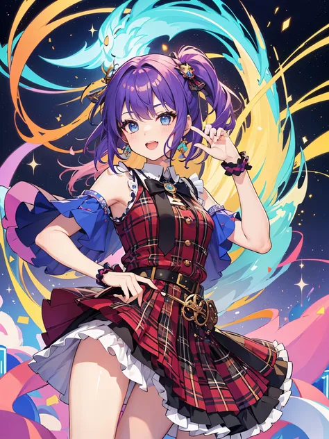 1girl, colorful hair, colorful eyes, ((scottish style dress)), ((idol)), magical girl