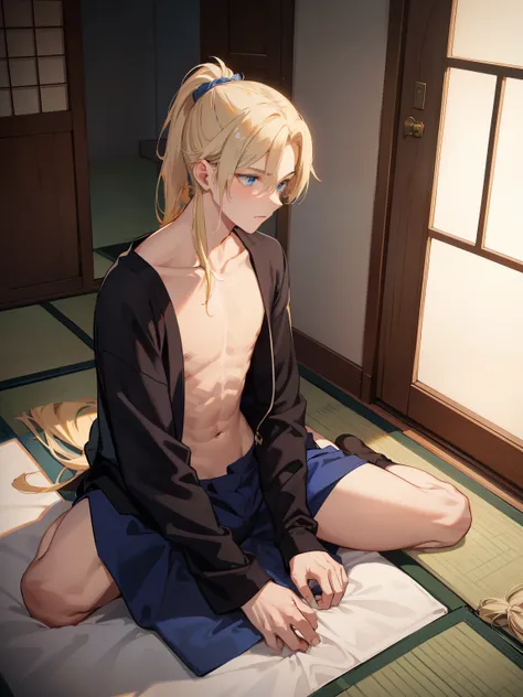 1boy，Masculinity，blond hair，ponytail，blue eyes，no bra，A Japanese-style room，sitting，late at night，alone