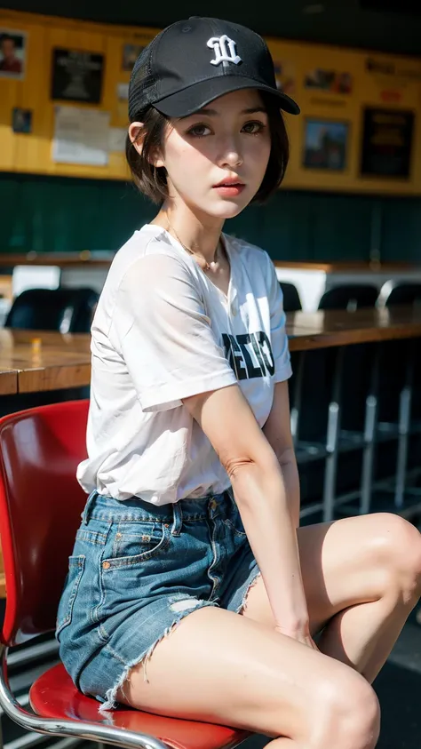 A girl with short hair and baseball cap sitting on the chair 