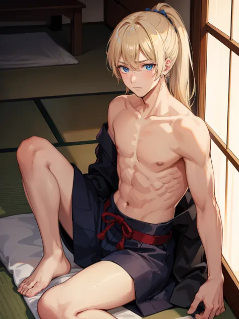 1boy，Masculinity，blond hair，ponytail，blue eyes，no bra，A Japanese-style room，sitting，late at night，alone