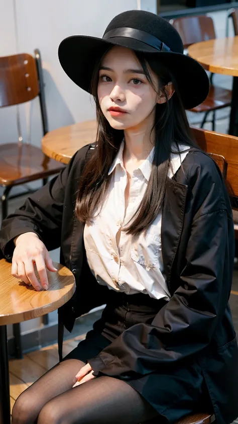 A girl with silver long hair and black hat sitting on the chair make a black jacket in cafe 