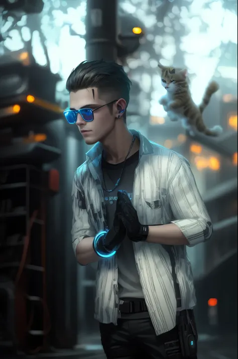 Cyberpunk hadsome boy with realistic with cat