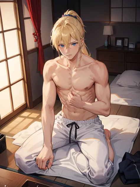 1boy，Masculinity，blond hair，ponytail，blue eyes，no bra，A Japanese-style room，late at night，alone