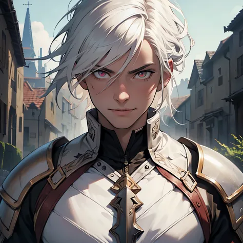 adult, male, man, white, white hair, armor dark medieval, medieval village atmosphere. medium hair, white hair,insane face, insane smile, insane eyes, blood in face, , 8k, super detail, accurate, best quality, high quality, high details, super detail, awar...