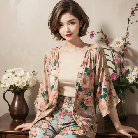 149
(20 year old woman,floral print outfit,pants), (Super realistic), (high resolution), ((beautiful hairstyle 46)), ((short hair:1.46)), (gentle smile), (brest:1.1), (lipstick)
