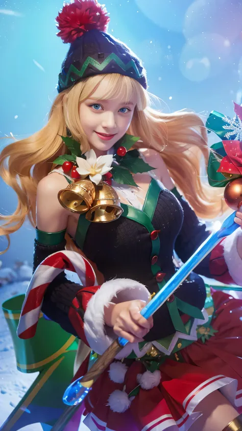 8k, highly detailed, photo realistic, beautiful beautiful girl, in christmas hat holding stick, long blonde hair, smiling