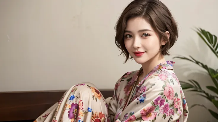 149
(20 year old woman,floral print outfit,pants), (Super realistic), (high resolution), ((beautiful hairstyle 46)), ((short hair:1.46)), (gentle smile), (brest:1.1), (lipstick)
