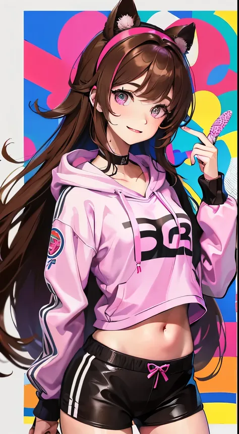 masterpiece, best quality, highres, 1girl, kizuna ai, small breasts ,long hair, brown hair, multicolored hair, floating hair, pink hairband, pink highlights, streaked hair, smiling, crop hoodie, navel