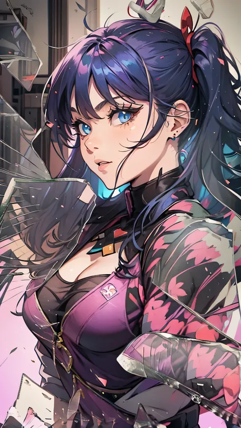 最high quality、best image quality、masterpiece、teenage girl((18-year-old、 By becoming、vest bust、medium bust,wide open breast tea、black eye, blue hair、ponytail、thin,highest valley、Perforated gloves、Android Body)),high quality、beautiful art、background((Magic H...