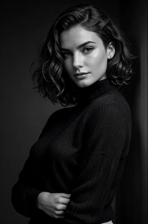 photo-bw, human-likeness, photomodel, bob hair, curly hair, black turtleneck sweater, grey background portrait-medium shot