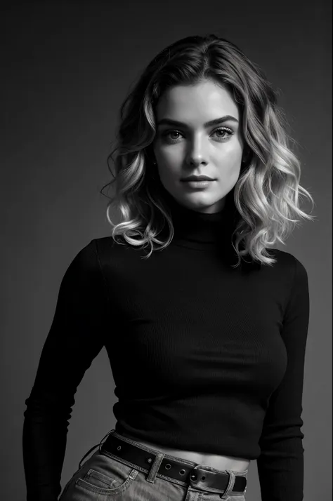 photo-bw, human-likeness, photomodel, bob hair, curly hair, black turtleneck sweater, grey background portrait-medium shot