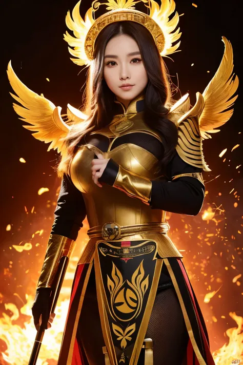 (best quality,4k,8k,highres,masterpiece:1.2),(very complex:1.2), upper body:1.3, 1 girl, Phoenyx Keeper, fire-resistant suit with a golden phoenix emblem, fire staff with obsidian bar, sparkling golden feathers nest of the phoenix, taron gloves for handlin...