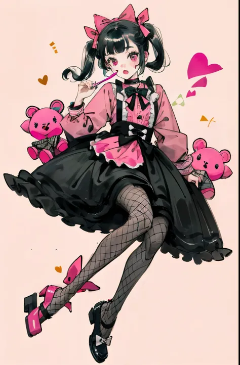 masterpiece, best quality, (jirai_kei),1girl, solo, long_hair, looking_at_viewer, shirt, black_hair, long_sleeves, bow, ribbon, twintails, sitting, monochrome, hair_bow, heart, pantyhose, frills, food, shoes, choker, blunt_bangs, black_skirt, pink_eyes, st...