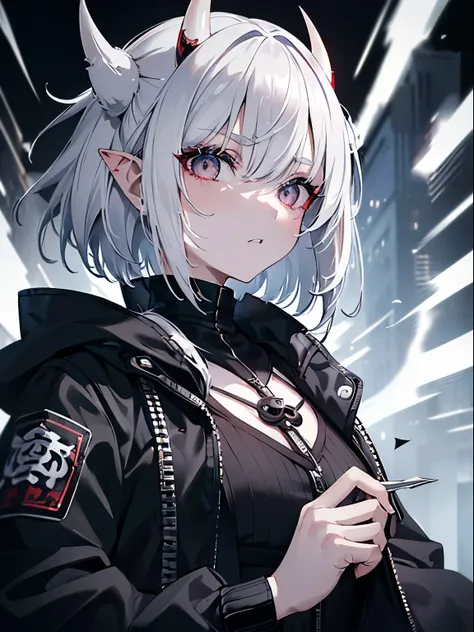 (Masterpiece, Best quality, ultra high resolution),1woman,white hair,short hair,((oni girl 👹)),((bols look)),(black jacket),beautiful and detailed face, detailed eyes, looking at the viewer,(grey theme),in a park,night,close jacket,(spiky hair), (Thick hai...