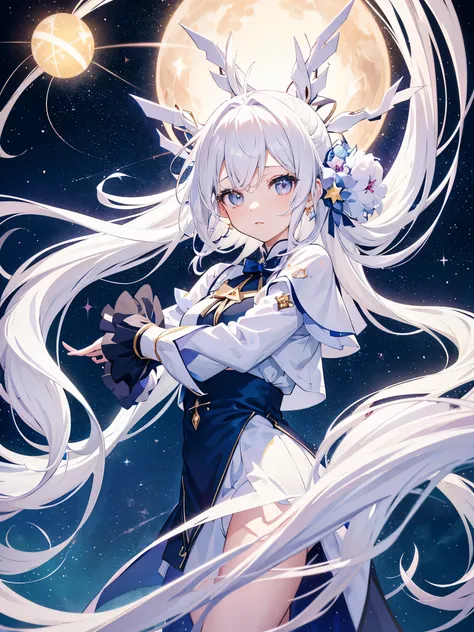 anime girl with long orchid hair and a star in her hair, White-haired God, starry sky, Anime visual of a cute girl, splash ink art anime loli, White glowing halo, white hair girl, Ethereal animation, akasuki void star, celestial aura, night nucleus, Anime ...