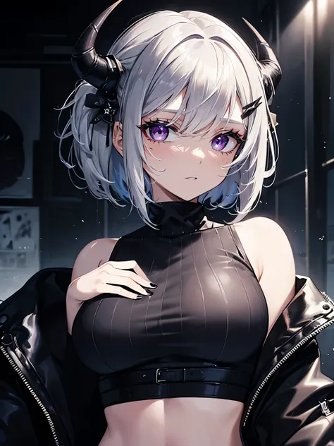 (masterpiece,best quality,ultra-detailed),1girl,dark ambar hair,short hair,(messy hairstyle),oni horns,gothic punk fashion, beautiful and detailed face, detailed eyes,(grey theme),looking at viewer,crop top,jacket,,dust particles in the background