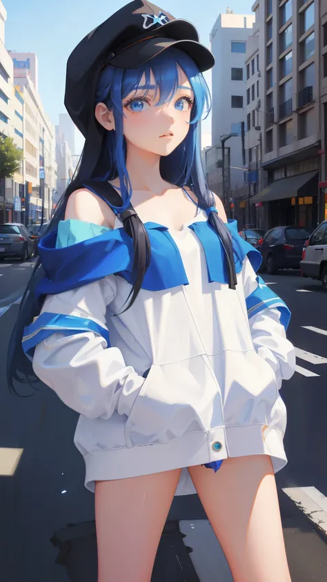 artwork,1 girl,Alone,Long hair,blue hair,hood,off shoulder:1.2,mob cap,street,hand on hip,hand in pocket, shading