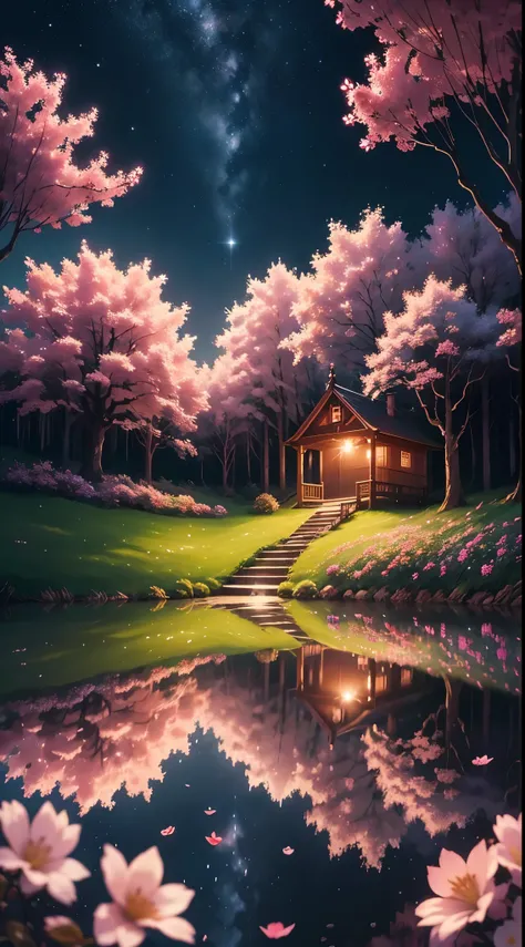 nigth，mont，Rose garden,Skysky，the space，starrysky,galaxias，(depth of fields)，Light，Mist，the cherry trees，log cabin,Reallightandshadow，painting-like,Ethereal atmosphere,Vibrant colors,cinematic compositions，dream magical，hoang lap，Particle effect，diffused r...