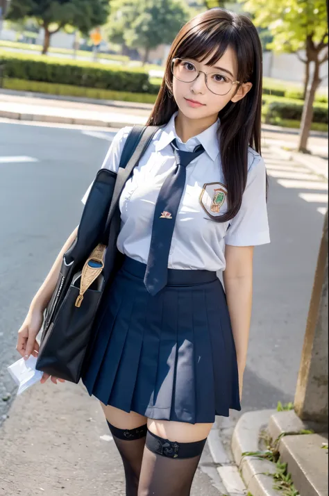 masterpiece, highest quality, super detailed, figure,, (Paisura:1.4), 1 girl, Glasses, small breasts, tie, skirt, stockings, bag, school uniform, black hair, outdoor, road, between the breasts, street, school bag, ground vehicle, Danchi, Japan,,