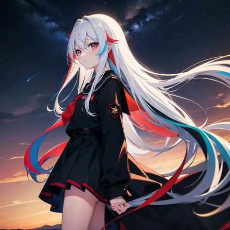 starrysky，Long hair in multicolored colors，red color eyes，black school uniform，horizon，Across the river，Black silk girl