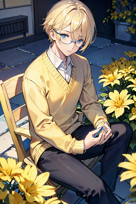 male　blonde　blue eyes　yellow flower　sweater yellow　slacks　sitting　courtyard　masterpiece　Highest image quality　Glasses　noise removal　clear parts 　cinematic shadow　Increased attractiveness of the eyes　clear parts the shine of the eyes　Draw eyelashes neatly　p...