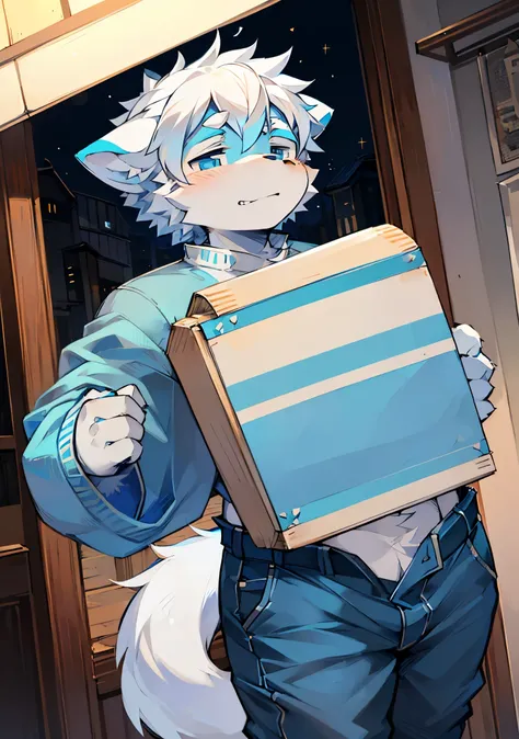 Eyes are bright,Character busts,Q version，头像框， Character focus，solo, hairy, hairy的公狼, Blue and white fur for men, blue eyes, white hair(kurta） style，Little cute， Will sell moe，Wear blue clothes and pants，There is a blue and white wolf tail