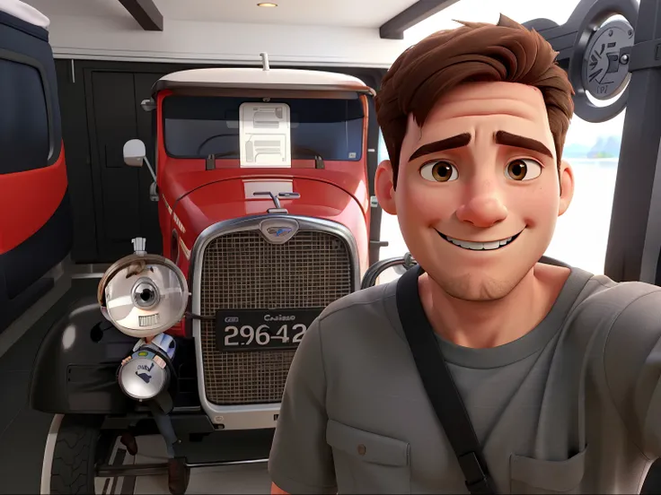 a white man, short brown hair, smiling, taking a selfie, wearing a gray lacoste shirt, with a black shoulder bag hanging on his right shoulder, crossed on his chest, disney pixar style, best quality.