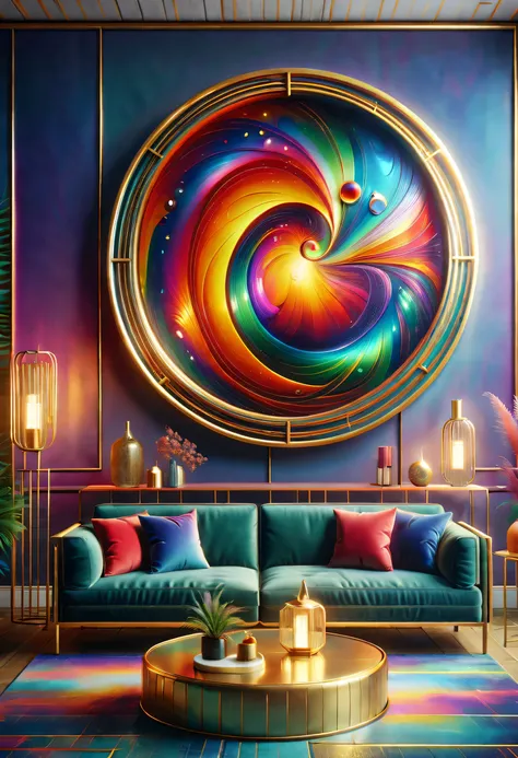 （best quality,4K,8k,high resolution,masterpiece:1.2),super detailed,(actual,photoactual,photo-actual:1.37)。（（art museum））。（（an art deco,Expose artistic，Spacious and bright living room）），window，sofa，Decorative painting，geometric lamp。3d rendering。in brillia...