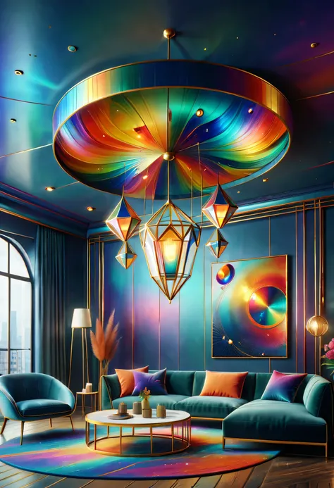 （best quality,4K,8k,high resolution,masterpiece:1.2),super detailed,(actual,photoactual,photo-actual:1.37)。（（a nice room，interesting room，art museum））。（（an art deco,Expose artistic，Spacious and bright living room）），（geometric window，Creative home，Decorativ...