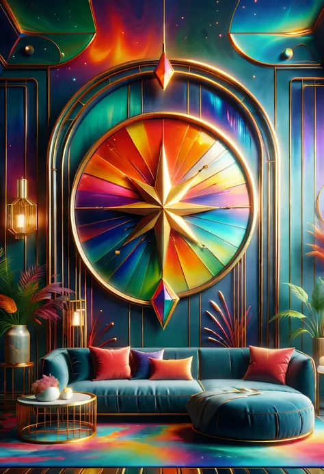 （best quality,4K,8k,high resolution,masterpiece:1.2),super detailed,(actual,photoactual,photo-actual:1.37)。（（an art deco,a nice room，interesting room，））。（geometric window，Creative home，Decorative painting，Geometric chandelier）。3d rendering。Light luxury tex...