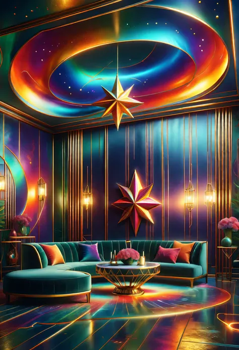 （best quality,4K,8k,high resolution,masterpiece:1.2),super detailed,(actual,photoactual,photo-actual:1.37)。（（an art deco,a nice room，interesting room，art museum））。（geometric window，Creative home，Decorative painting，Geometric chandelier）。3d rendering。Light ...